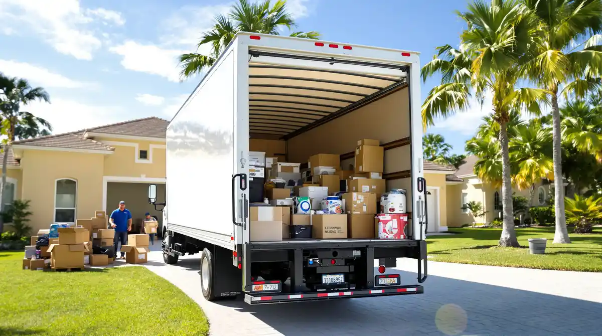 Box truck loaded with household items during free hauling after estate purchase in West Central Florida
