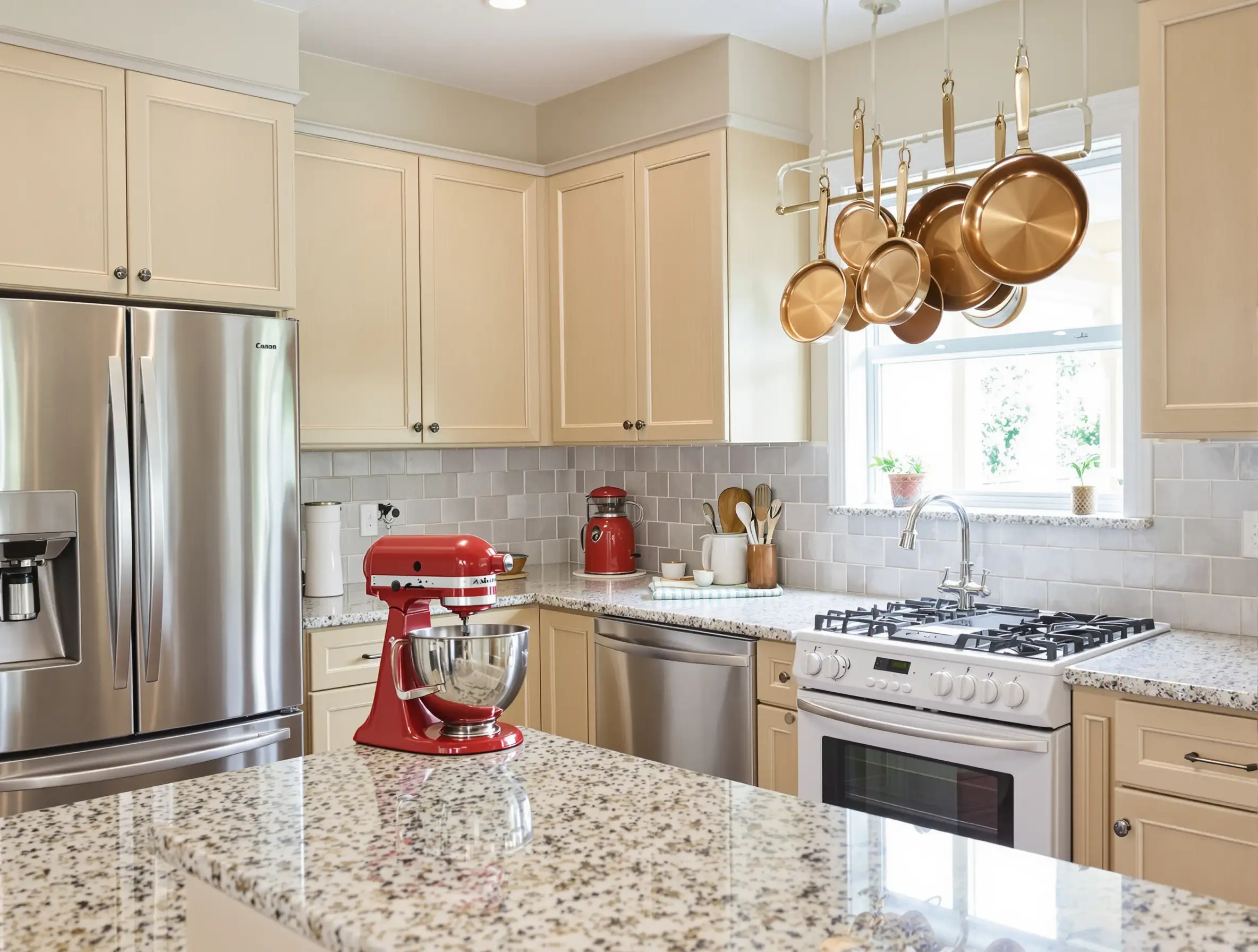 Quality kitchen appliances including stainless refrigerator and stand mixer in Florida estate home