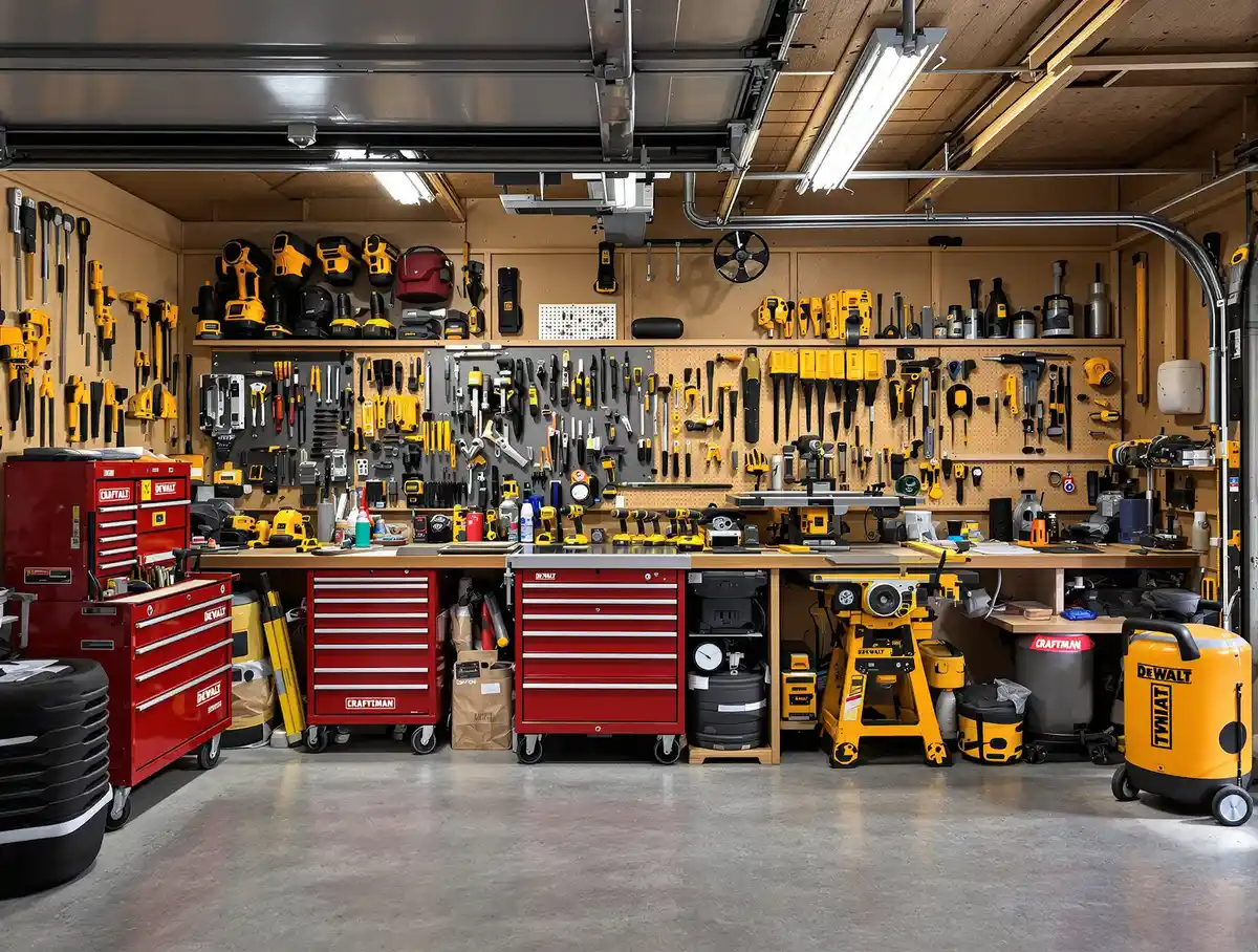 Organized garage workshop with Craftsman tool chest, DeWalt power tools, and equipment for estate purchase